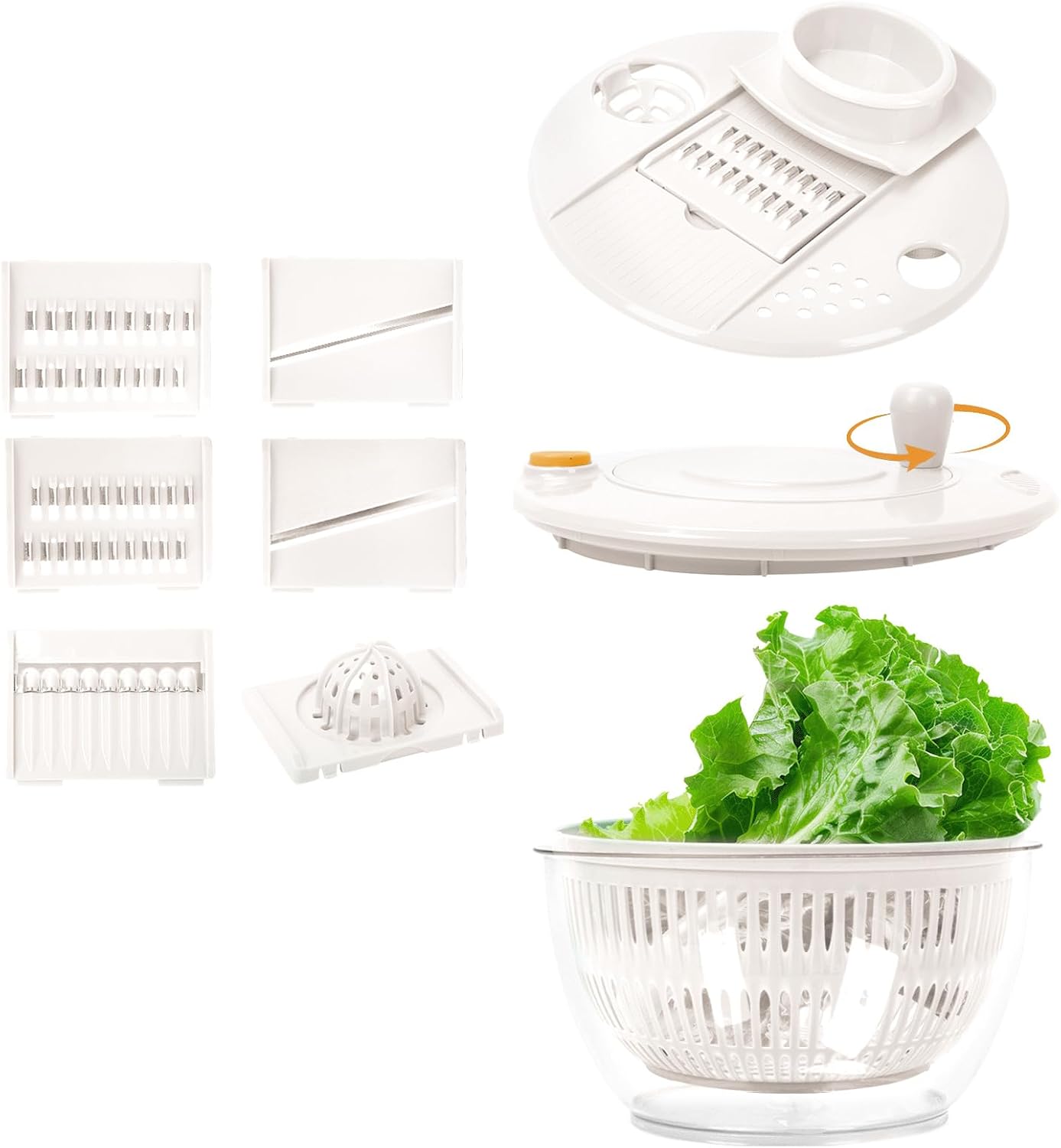Salad Spinner Large, 5.3 QT 5 IN 1 Lettuce Spinner Dryer with 5 Blades Slicing and Pureeing Vegetables Wash Bowl Kitchen Gadgets for Efficient Salad Preparation Food Washing