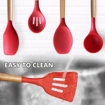 Kitchen Cooking Utensils Set, 6Pcs Silicone Kitchen Utensils Set Spatula Spoon Soup Ladle Turner, Heat Resistant Wooden Handle Silicone Cooking Gadgets for Nonstick Cookware & Baking BPA FREE