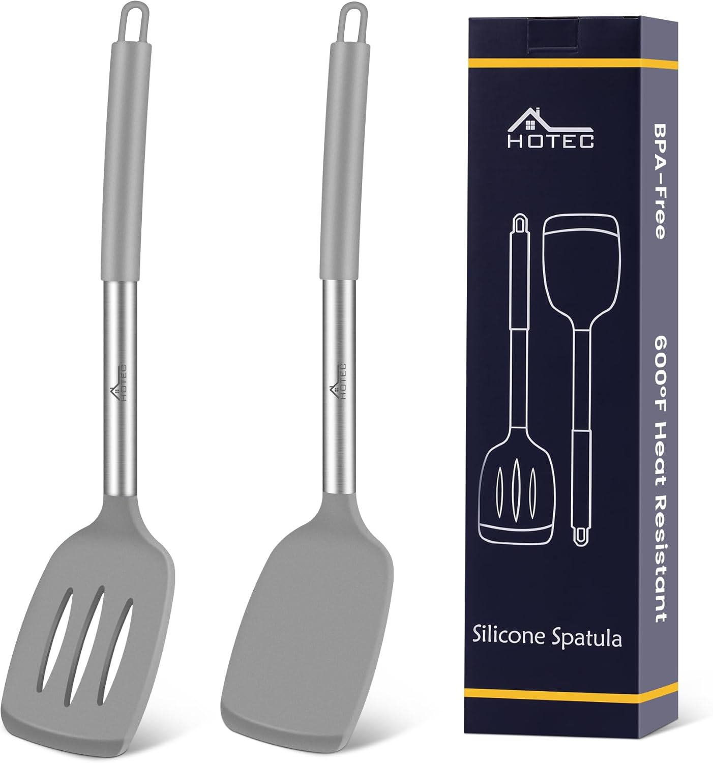 HOTEC Silicone Spatula Set of 2 Heat-Resistant 600°F & BPA-Free Kitchen SaptulaTurner with Stainless Steel Handles, Slotted & Solid Spatulas for Nonstick Cookware, 13.7 Inch, Classic Blue