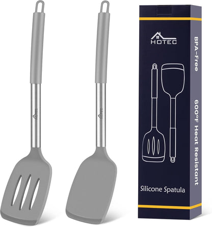 HOTEC Silicone Spatula Set of 2 Heat-Resistant 600°F & BPA-Free Kitchen SaptulaTurner with Stainless Steel Handles, Slotted & Solid Spatulas for Nonstick Cookware, 13.7 Inch, Classic Blue