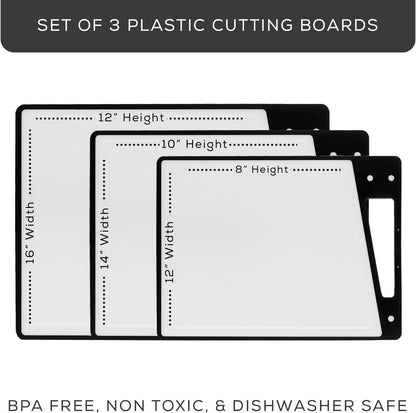 JoyJolt Plastic Cutting Board Set. White and Black Cutting Boards for Kitchen Dishwasher Safe with Handle. Non Slip Large and Small Chopping Board Set; Meat Cutting Board with Juice Groove.