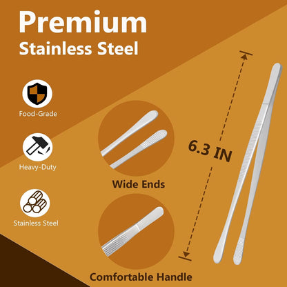 Plating Tweezers 6.3-Inch Culinary Kitchen Tweezer Tongs, Stainless Steel Professional Chef Tweezers (Wide-Tipped)