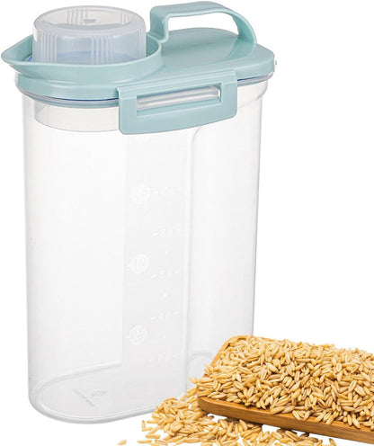 5.5lbs Clear Food Dispenser Container - Airtight Rice Storage Barrel With Handle And Dustproof Measuring Cup, Large Capacity Bin For Soybeans, Grains, Oats, Flour, Lentils, Pasta, Pet Food