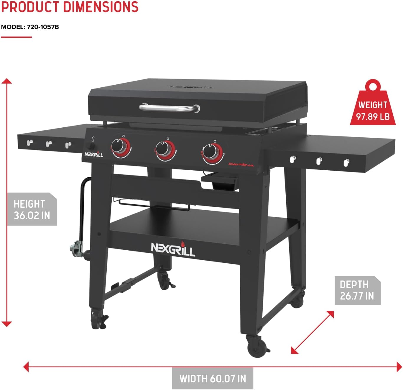 Nexgrill Daytona 4-Burner Propane Gas Griddle with Side Tables, 60000 BTU Flat Top Grill, 756 SQ In. Hot-Rolled Steel Cooking Space, Outdoor Cooking Barbeque, Black/Silver - 720-1058A