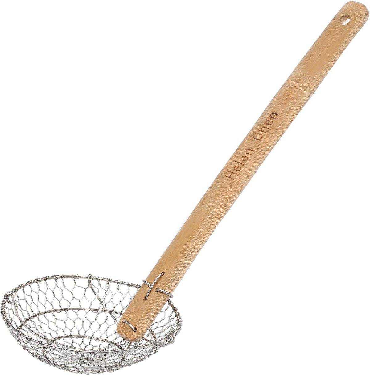 Helen's Asian Kitchen Deep Spider Strainer, 6-Inch Stainless Steel Mesh Basket With Bamboo Handle, For Noodles, Dumplings, Wontons, Deep Frying, And Draining Tasks