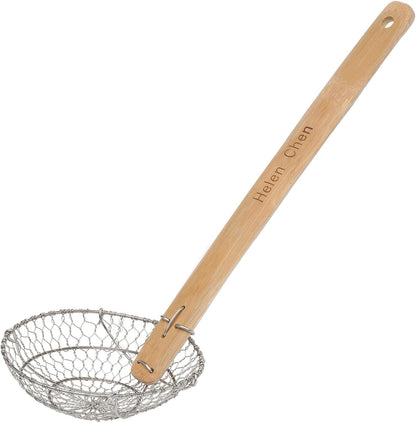 Helen's Asian Kitchen Deep Spider Strainer, 6-Inch Stainless Steel Mesh Basket With Bamboo Handle, For Noodles, Dumplings, Wontons, Deep Frying, And Draining Tasks