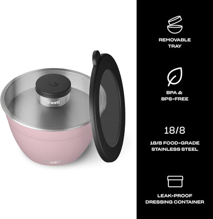 S'well Stainless Steel Salad Bowl Kit 64oz, Peacock Blue, Comes with 2oz Mini Canister and Removable Tray for Organization, Leakproof, Easy to Clean, Dishwasher Safe