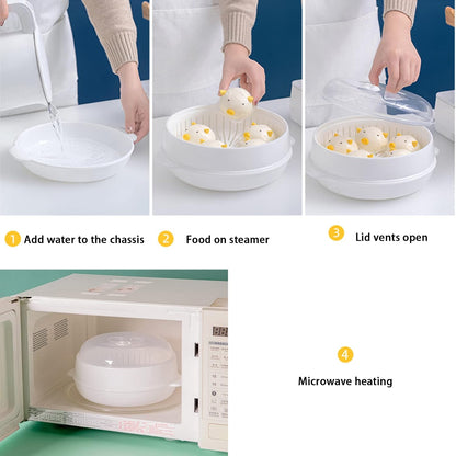 Plastic Microwave Heating Steamer with Lid and Tray (White)