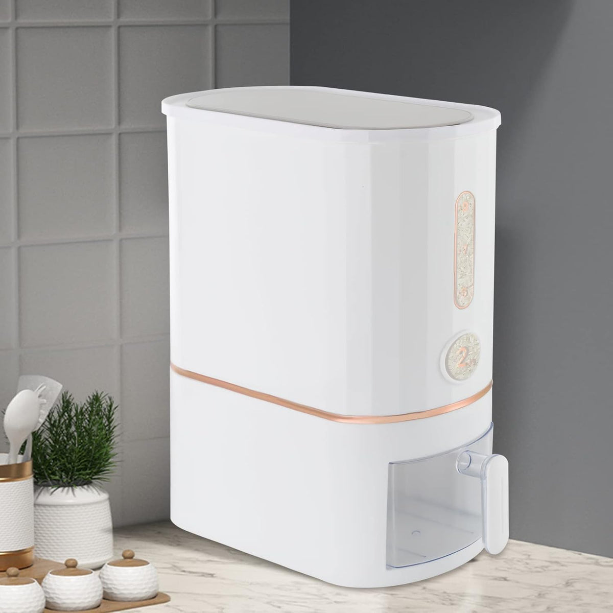Rice Dispenser, 10KG/22Lbs Rice Container Cereal Dispenser with Lid & Measuring Cup, Grain Storage Organizer Rice Holder for Kitchen Countertop Dry Food, W7.4*D15.8*H15.7in