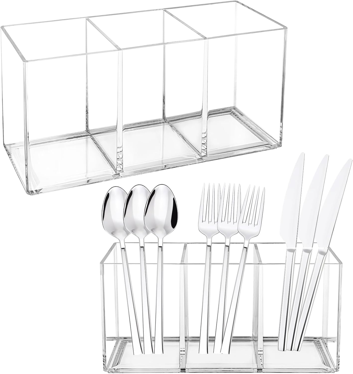 Rainmae 2Pack Acrylic Cutlery Storage Organizer, Plastic Cutlery Utensil Holder Storage Organizer Caddy for Kitchen Countertop Organization - Holds Fork, Knife, Spoon, Silverware Tableware Storage Box