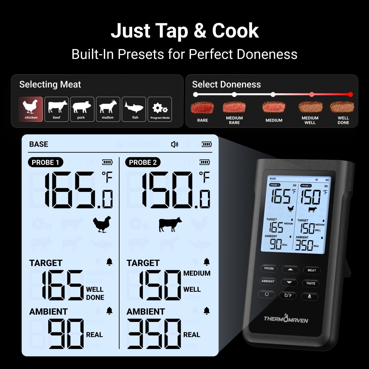 ThermoMaven 3000FT Wireless Meat Thermometer, No App Needed, 2 Probes