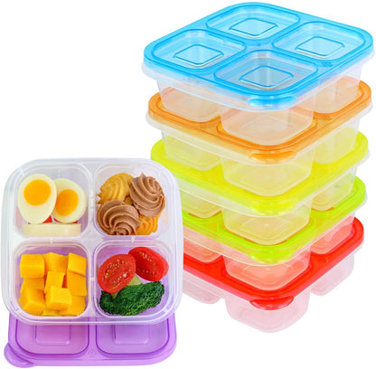 Finorder 6 Pack 4-Compartment Snack Containers, Reusable Food Containers for Kids School, Adults Office, Picnic Trip, Lunch Bento Box Meal Prep Containers (Bright Color Set)