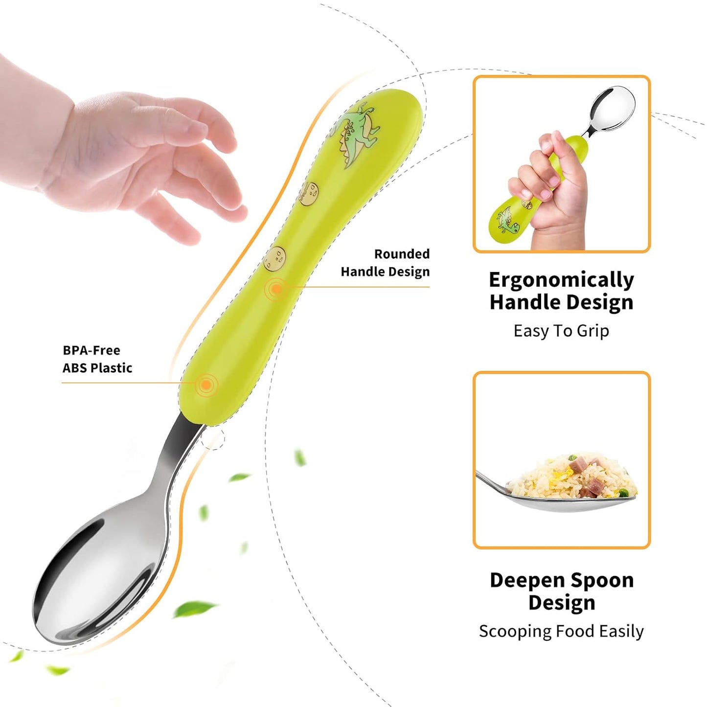 Lehoo Castle 6 Pieces Toddler Utensils, Kids Silverware for 2 3 4 Years Old, Stainless Steel Fork and Spoon Set with Plastic Handle, Safe Toddler Cutlery (Dinosaur)