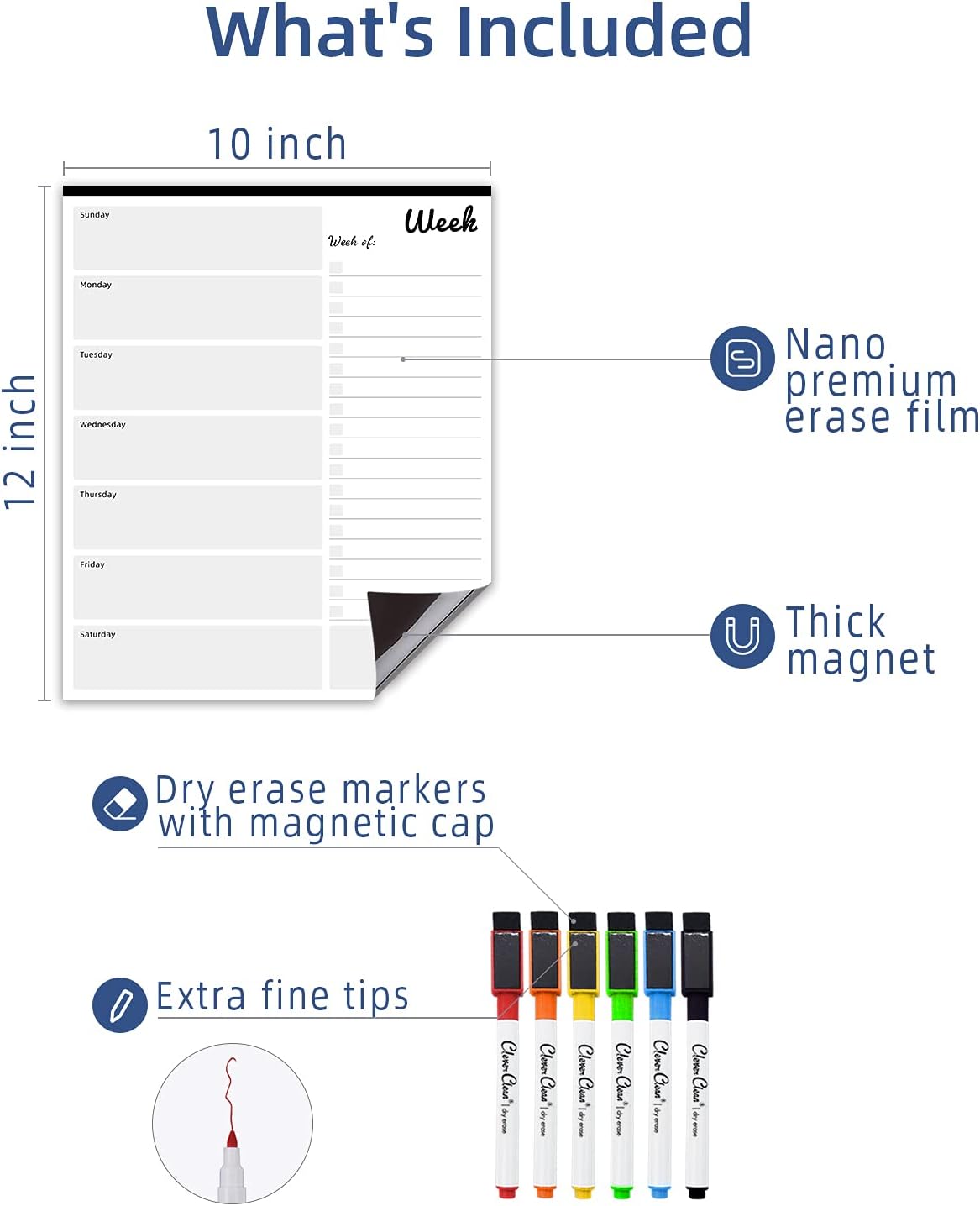 Magnetic Dry Erase Weekly Calendar - 10"x12" Weekly Dry Erase Calendar for Fridge - 6 Extra Fine Point Markers Included - Shipped Flat