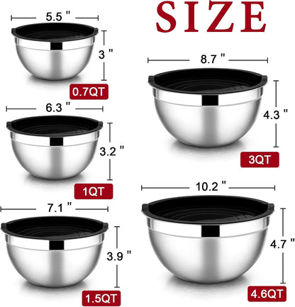 E-far Mixing Bowls with Lids Set of 5, Stainless Steel Mixing Bowls Metal Nesting Bowls with Airtight Lids, Non-toxic & Dishwasher Safe, Great for Cooking, Baking, Serving - Size 0.7/1/1.5/3/4.6QT