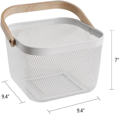 Metal Mesh Steel Harvest Basket, Rectangle Wire Garden Basket with Handle – Multi-functional Storage Organizer for Gathering Vegetables, Fruits, Kitchen, Garden, Picnic & Cabinet (Ivory)