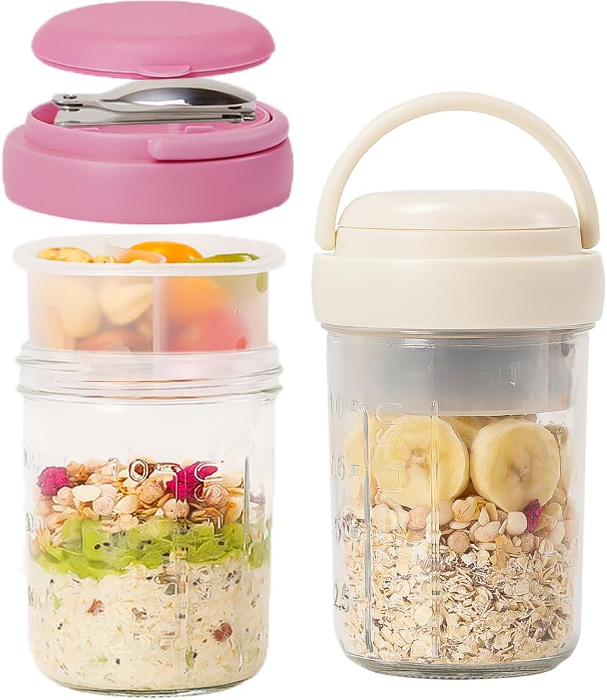 2 Pack Overnight Oats Containers with Lids and Handles, Folding Spoons & Divided Compartments for Fruit & Nuts, 16oz Mason Jars for Oatmeal Yogurt Container Chia Pudding Jars with lids (Cream 2pcs)