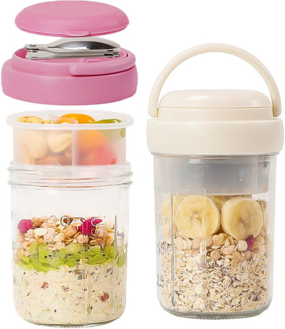 2 Pack Overnight Oats Containers with Lids and Handles, Folding Spoons & Divided Compartments for Fruit & Nuts, 16oz Mason Jars for Oatmeal Yogurt Container Chia Pudding Jars with lids (Cream 2pcs)