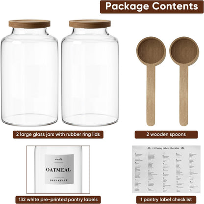 2 PCS Flour Sugar Storage Containers Glass Jar, 4000ml/1 Gallon/4.2 Qt/135oz,Large Glass Food Storage Jars with Wood Airtight Lids,for Tea,Spice,Cereal Rice Flour Pasta Sugar