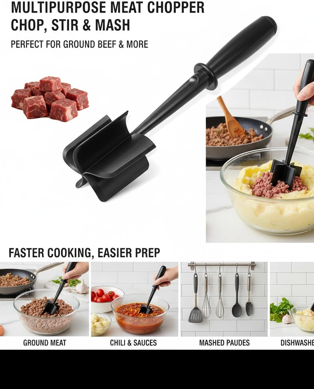 Hamburger Chopper,Meat Chopper,Potato Masher, Premium Heat Resistant Meat Masher for Ground Beef, Ground Turkey and More, Safe For Non-Stick Cookware