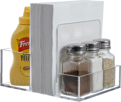MyGift 2-in-1 Acrylic Napkin Holder with Salt and Pepper Shakers, Metal Vintage Scrollwork Dinner Table Paper Towel Condiment Holder with Rustic Solid Wood Base (Premium Clear Acrylic)