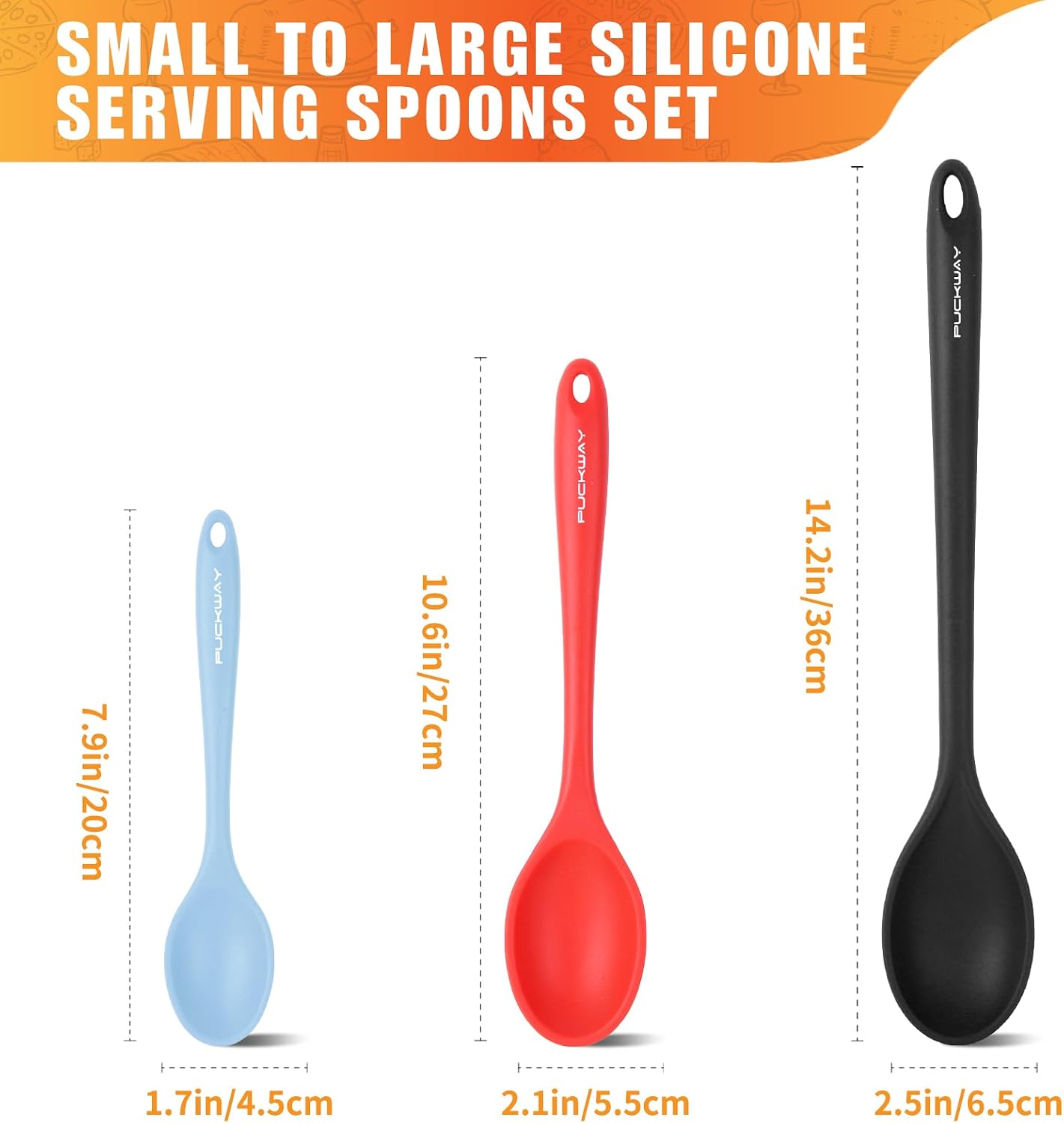3 Pcs Silicone Spoons Set of 7.9 10.6 14.2 inch for Cooking, Heat Resistant Kitchen Spoons for Mixing, Stirring, and Serving, Small to Large Non Stick (Green)