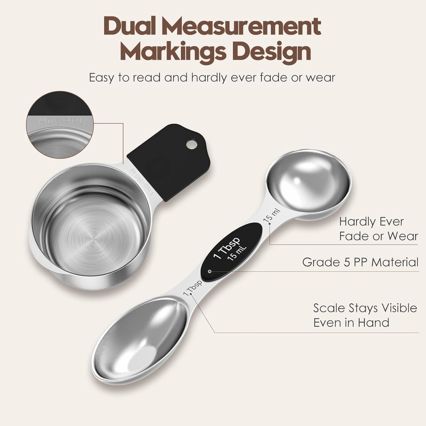 Magnetic Measuring Cups and Spoons Set – 304 Stainless Steel | Dual-sided Design | 15-Piece with Leveler | N52 Space-Saving Magnetic Nesting | Baking & Meal Prep | Kitchen Gift (Black)