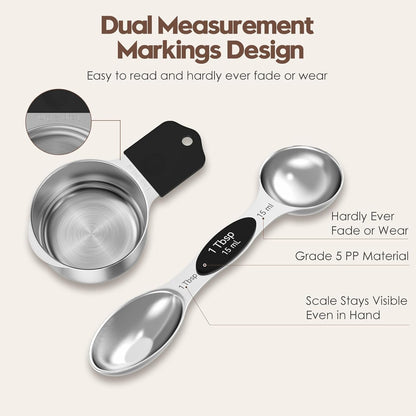 Magnetic Measuring Cups and Spoons Set – 304 Stainless Steel | Dual-sided Design | 15-Piece with Leveler | N52 Space-Saving Magnetic Nesting | Baking & Meal Prep | Kitchen Gift (Black)