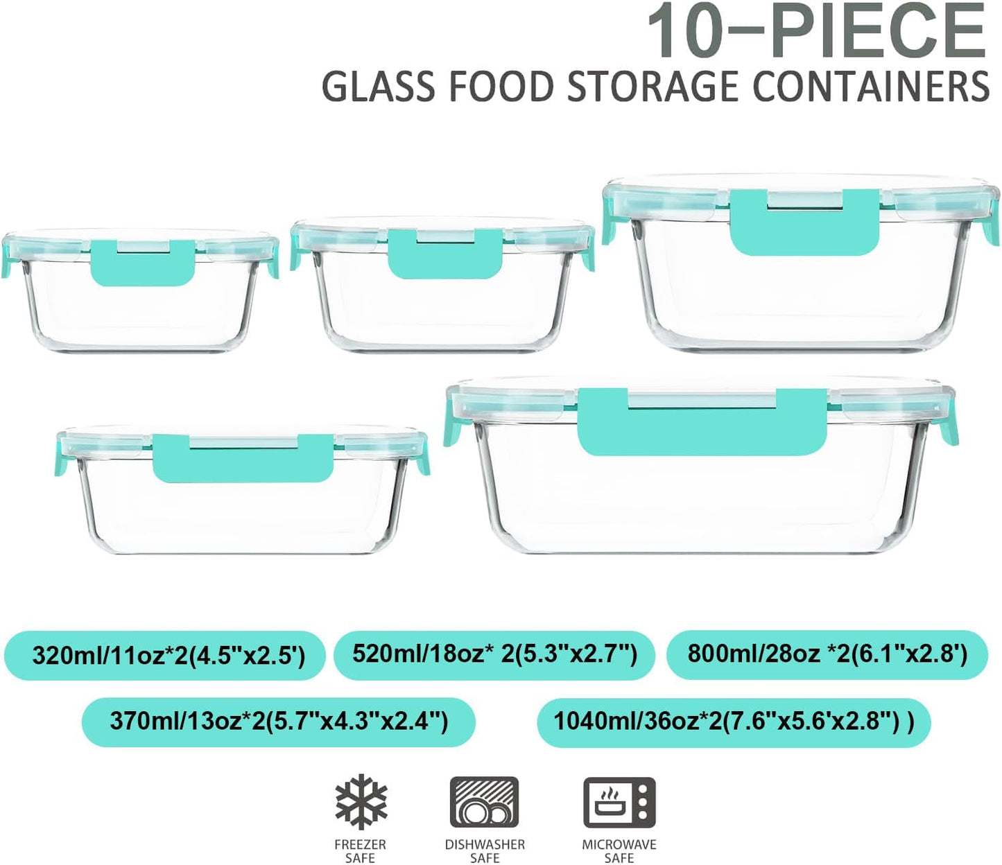 M MCIRCO 10-Pack Glass Food Storage Container with Lids, Airtight Lunch Bento Boxes, Glass Meal Prep Container,Microwave, Oven, Freezer and Dishwasher Friendly