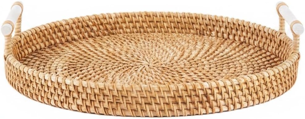 Hand Woven Rattan Basket with Wood Handle, Open Weave Storage Bin for Countertop Organization, Produce, and Snacks