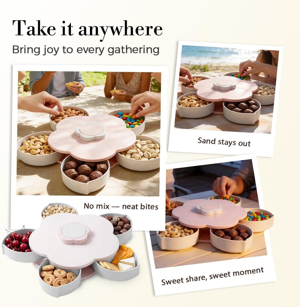 Divided Serving Tray that Spins, Flower Shaped Rotating Snack Container with Lid, 5-Compartment Twist and Turn Snack Fruit Food Platter Tray for Picnic Parties Home Kitchen (Pink)