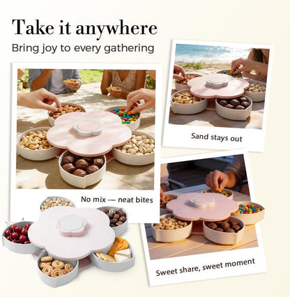 Divided Serving Tray that Spins, Flower Shaped Rotating Snack Container with Lid, 5-Compartment Twist and Turn Snack Fruit Food Platter Tray for Picnic Parties Home Kitchen (Pink)