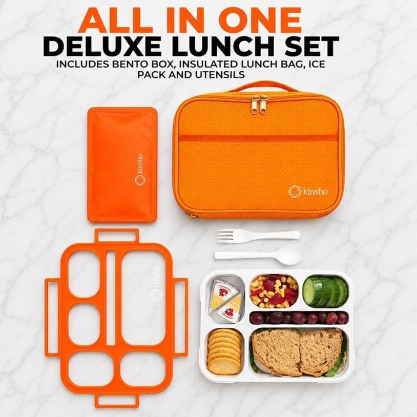 kinsho Lunch Box for Kids Boys Girls - Bento Box Set with Insulated Bag and Ice Pack, 6 Compartment Leak Proof Food Container, BPA-Free, Microwave Safe, Ideal for School & Work, Teal