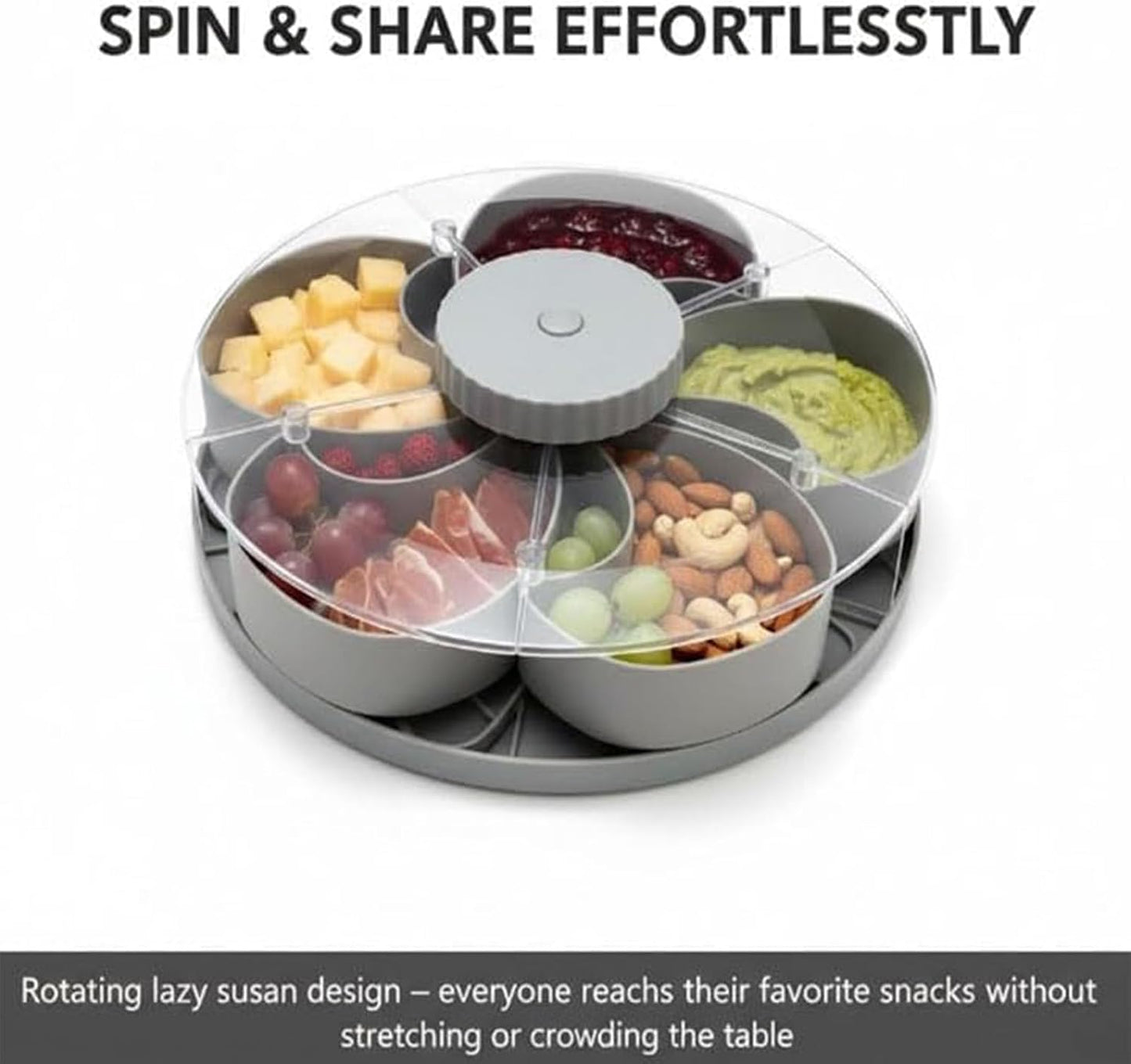 Divided Spin and Snack Serving Tray with Lid, Lazy Susan Rotating Sectional Platter for Parties, Movie Nights & RV, Multi-Compartment Charcuterie Board Organizer for Fruit, Nuts, Veggies & Dips (Gray)