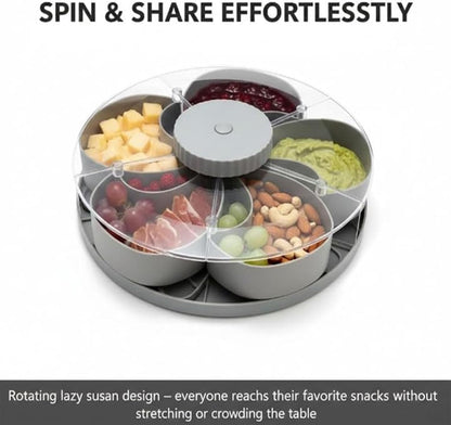Divided Spin and Snack Serving Tray with Lid, Lazy Susan Rotating Sectional Platter for Parties, Movie Nights & RV, Multi-Compartment Charcuterie Board Organizer for Fruit, Nuts, Veggies & Dips (Gray)
