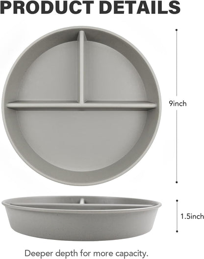 greenandlife 9 Inch 4PCS Portion Control Plates with Lids, Divided Plates for Kids Adults, Dishwasher Microwave Safe Compartment Plate, Unbreakable Lightweight Reusable Wheat Straw Plate, Earth Tone