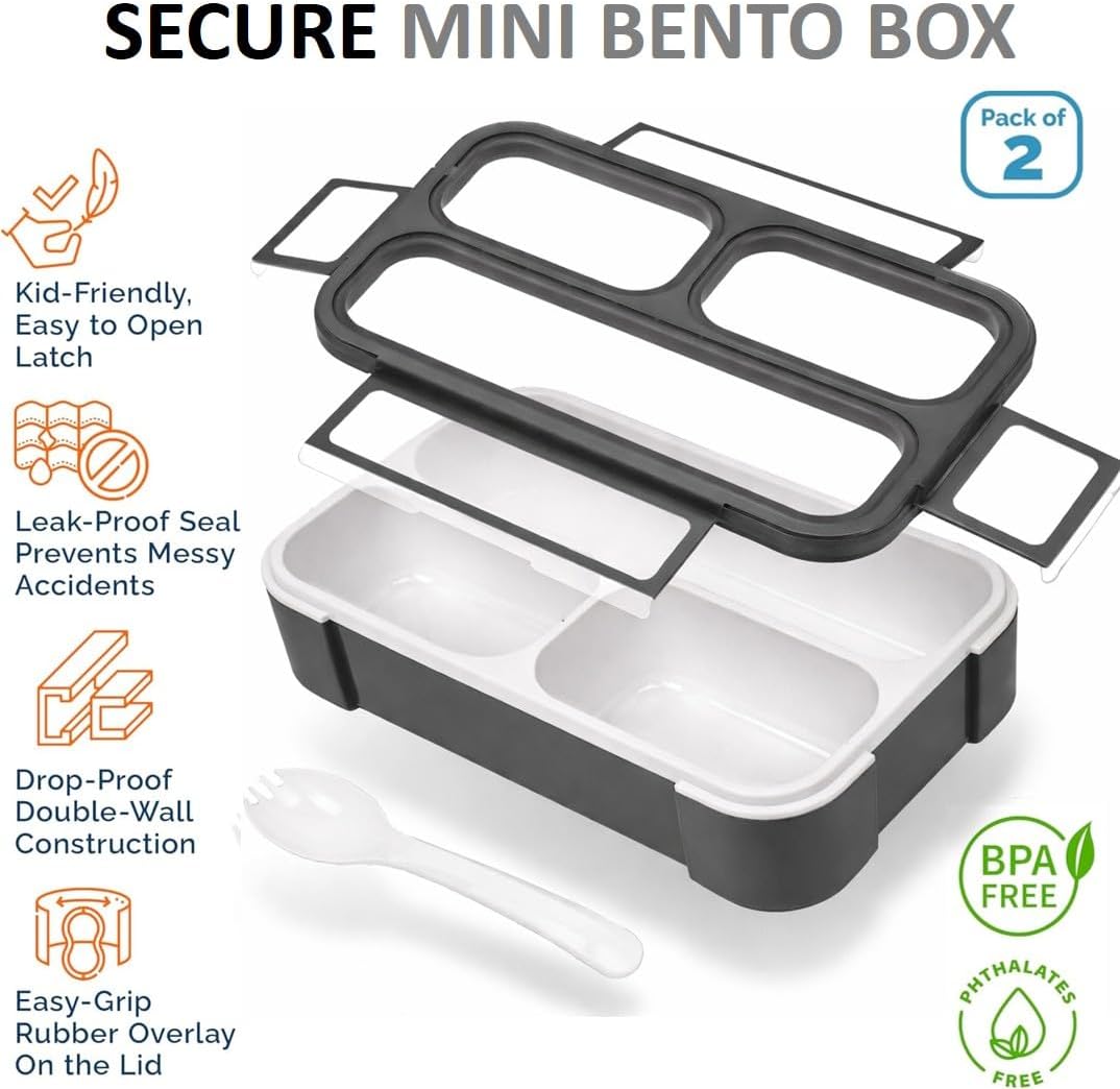 Small Snack Containers for Kids Toddlers - 3 Compartments (Set of 2) - Leak-Proof Reusable Boxes with Lids - BPA-Free Plastic Mini Bento Lunch Box - Holds 2 Cups Capacity (Pastel Blue+Teal Sparkle)