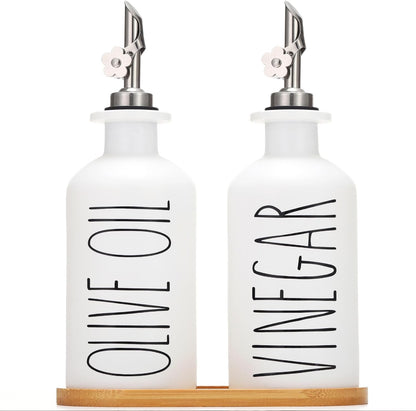 HOMCDALY Premium Olive Oil Dispenser for Kitchen, 11.8oz Glass Oil Bottles with Bamboo Tray, White Oil&Vinegar Cruet Set, Kitchen Dispenser Bottles with Pourer| Set of 2 (11.8oz –P–White)
