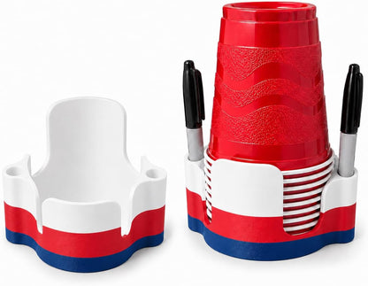 Party Cup Dispenser with Marker Holder – Stackable Plastic Cup Organizer for Parties, Events, BBQs, Picnics, Graduations & Drink Stations, Cup and Marker Caddy, Black (Red)