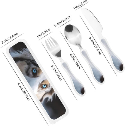 3-Piece Kids Silverware Set With Storage Case, Stainless Steel Reusable Children Safe Knife Spoon Fork Set Blue Eyed Dog Children Flatware Set For Kids Lunch Box
