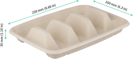 FUNSUEI 100 Pack Disposable Taco Holders with 3 Dividers, Compostable Paper Taco Plates, Party Serving Set for Taco Night, Tuesday Decorations