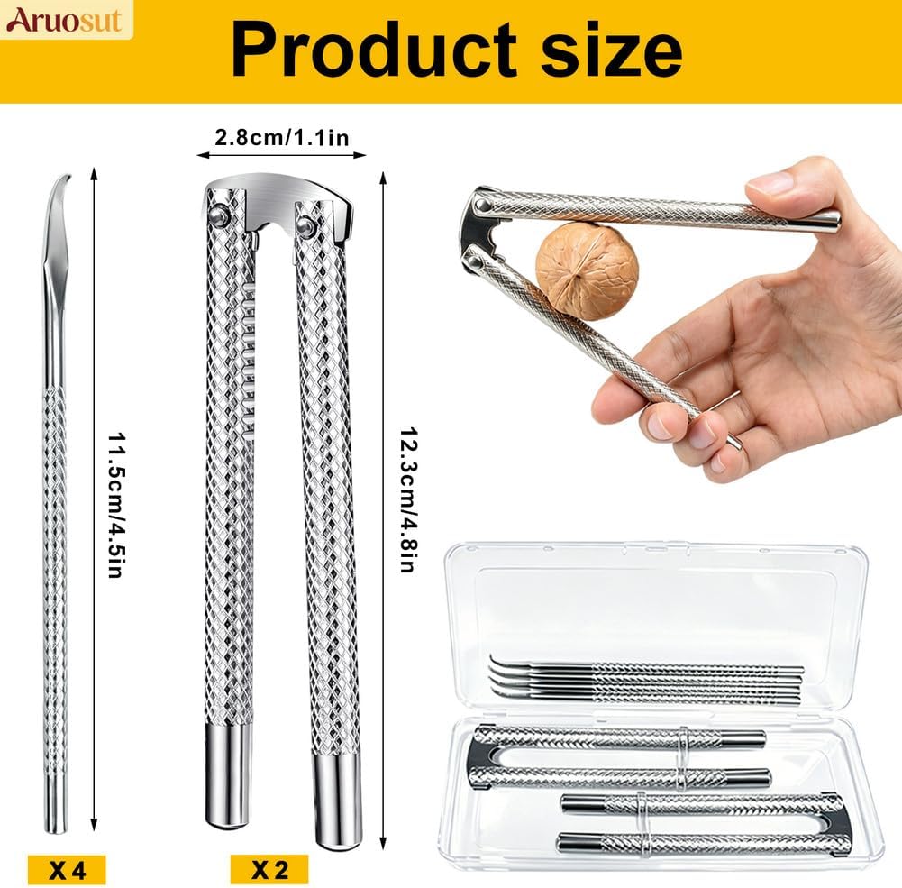 Nut Cracker 2Pcs and 4 Picks Set, Stainless Steel Nutcracker Tool for Walnut and Seafood Crackers