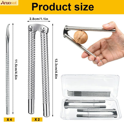 Nut Cracker 2Pcs and 4 Picks Set, Stainless Steel Nutcracker Tool for Walnut and Seafood Crackers
