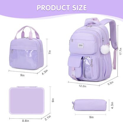 ACESAK Girls Backpack - Bento Box with Insulated Lunch Bag Pencil Case & Utensils Set for Kids, 6 Leakproof Compartments Removable Tray Lunches or Snack Container for School (Gray Daisy)