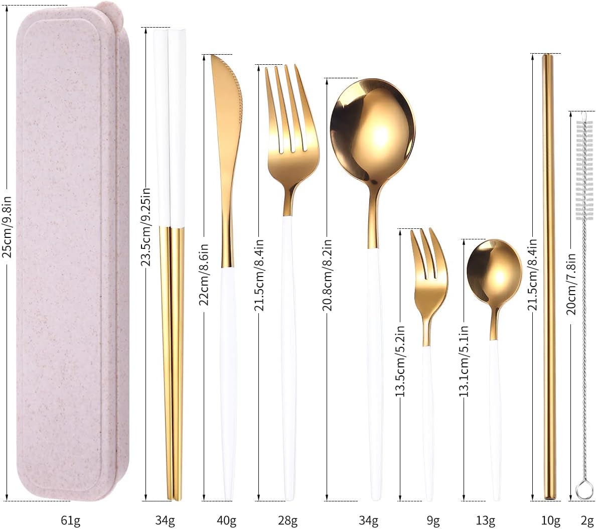 AARAINBOW 8 Pieces Stainless Steel Flatware Set Portable Reusable Cutlery Set Travel Utensils Set Including Chopsticks Knife Fork Spoon Straws Cleaning Brush Dishwasher Safe (Pink Golden)