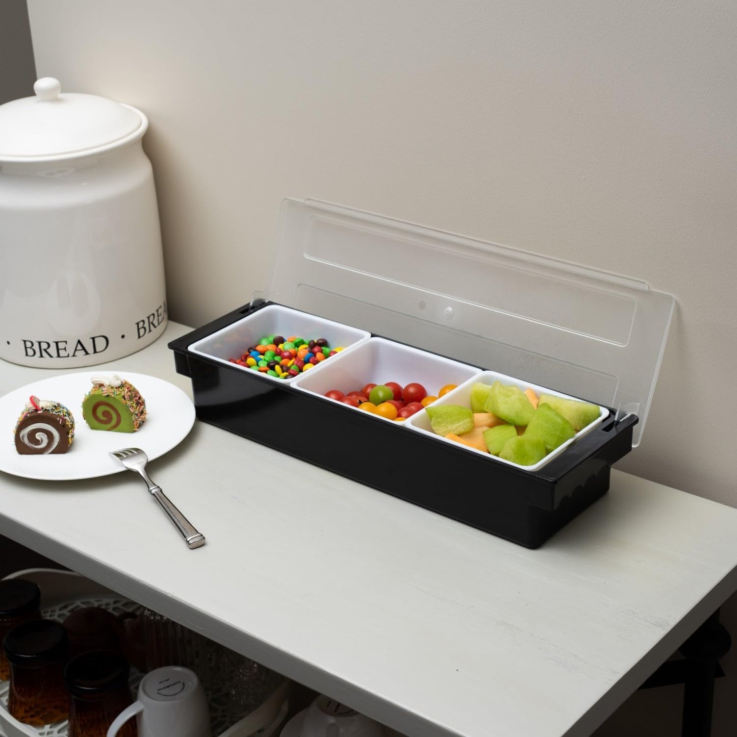 Ice Cooled Condiment Serving Container-6 Compartment Chilled Garnish Tray Bar Caddy with Hinged Lid (6 Compartments)