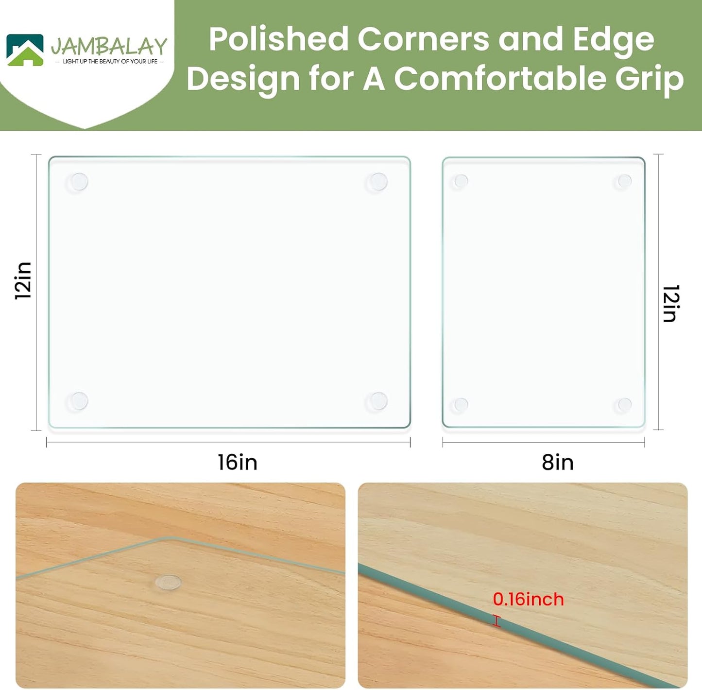 JAMBALAY Tempered Glass Cutting Boards for Kitchen, 16"x12" Clear Glass Cutting Board Set, 2Pcs Chopping Board with Rubber Non Slip Feet, Heat Resistant, Shatter Resistant, Dishwasher Safe