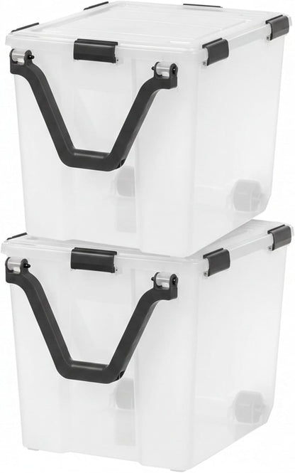 IRIS USA Storage Bins with Lids, WeatherPro Wheeled 106 Qt, Plastic, 3 Pack | Weather-tight gasket, wheels, and secure latches protect camping gear, tools, holiday décor, clothing, and documents.