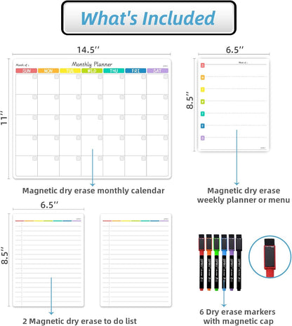 JJPRO Magnetic Monthly Calendar Whiteboard Set for Refrigerator-Monthly Planning Board, Weekly Menu Planner and to Do List for Fridge with 6 Markers-14.5" x11