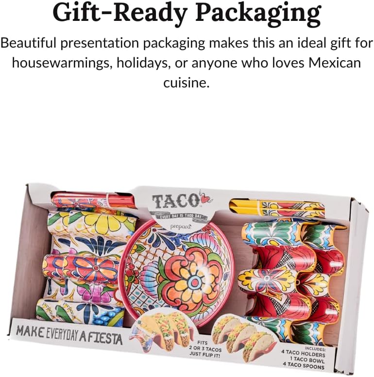 Prepara Taco Gift Set, Talavera - Taco Fiesta Talavera Pattern Serving Set for Taco Tuesday Night Parties, 6-Inch Party Bowl, 4 Taco Spoons for Easy Scooping, 4 Reversible Taco Holders